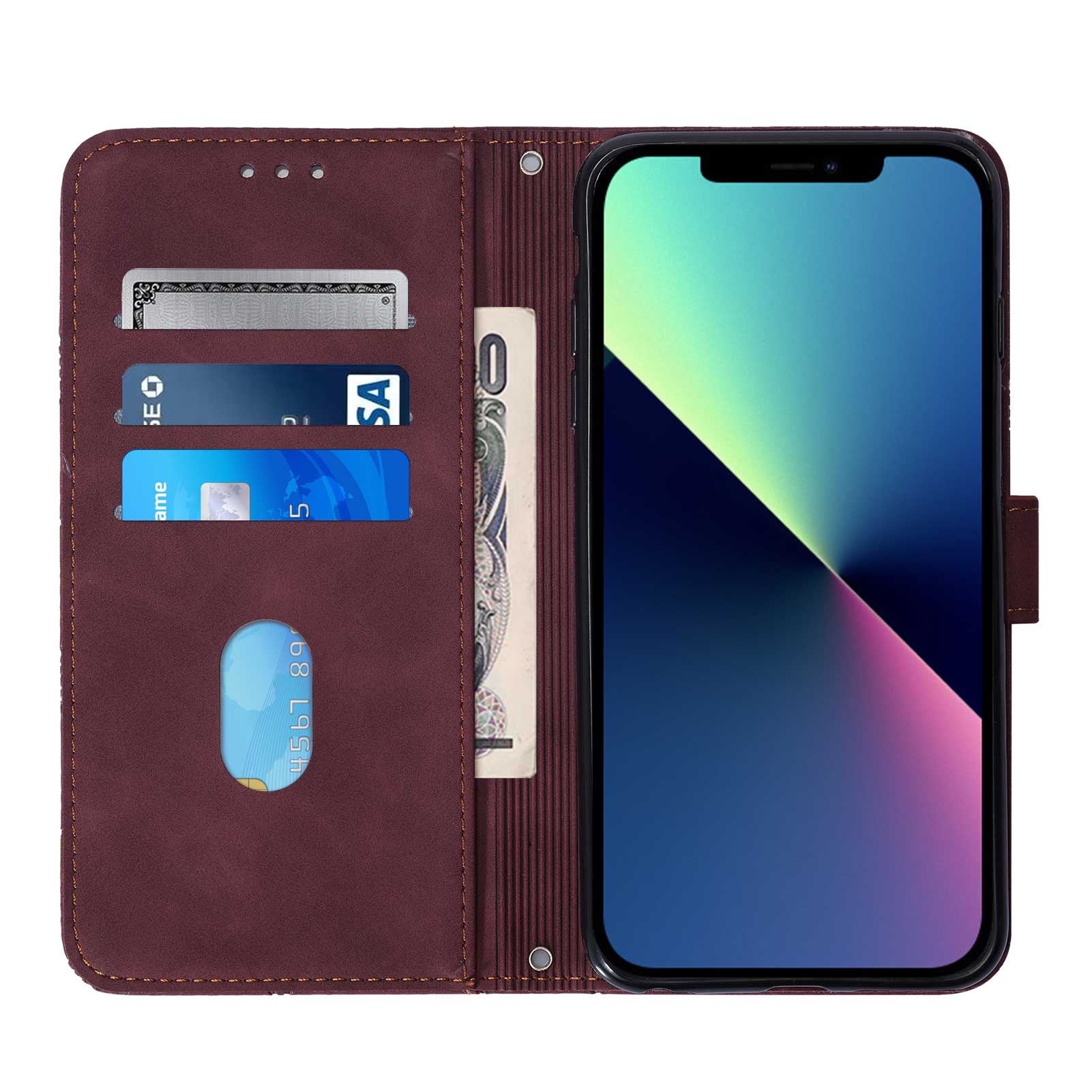 YB Imprinting Series-2 for iPhone 15 Pro Leather Wallet Phone Case Imprinted Stand Cover with Shoulder Strap - Wine Red YB Imprinting Series-2 for iPhone 15 Pro Leather Wallet Phone Case Imprinted Stand Cover with Shoulder Strap - Wine Red